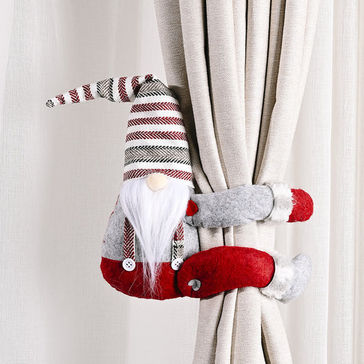 Christmas gnome curtain buckle with a red and white patterned hat, gray body, and long white beard. - Image 17