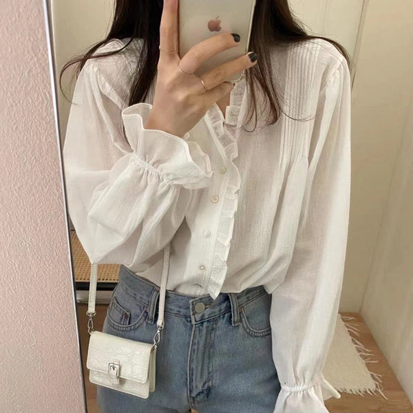 Blusa Elegante Retro Francesa con Encaje y Mangas Largas para Mujer