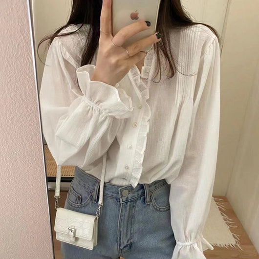 Blusa Elegante Retro Francesa con Encaje y Mangas Largas para Mujer