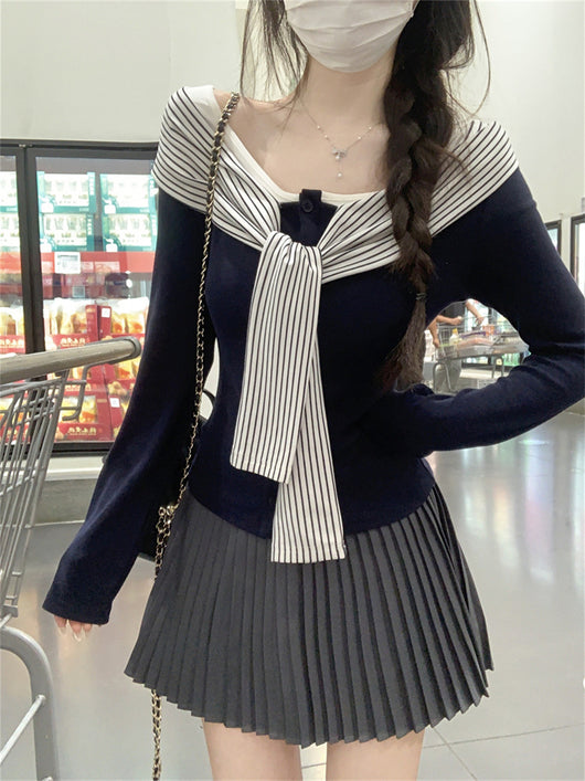 Blusa Rayas con Cordones y Encaje Manga Larga para Mujer - Image 17