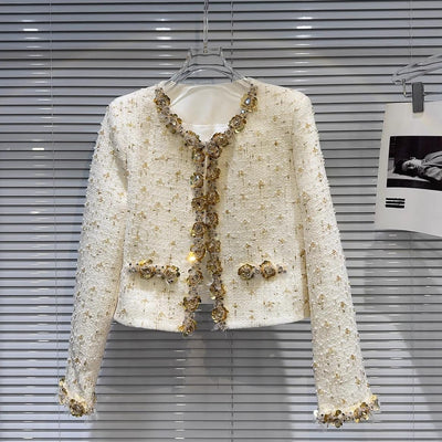 Abrigo Tweed Corto Lujo con Detalles de Flores y Perlas