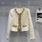 Abrigo Tweed Corto Lujo con Detalles de Flores y Perlas