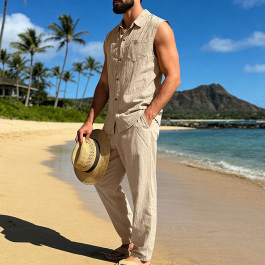 Conjunto de Lino Holgado para Hombre: Camisa sin Mangas y Pantalón Recto - Image 29