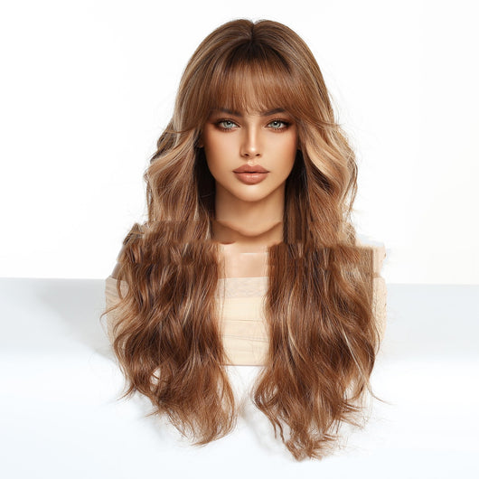 Peluca Larga Rizada con Mechas Castaño Claro - Cobertura Total - Image 3