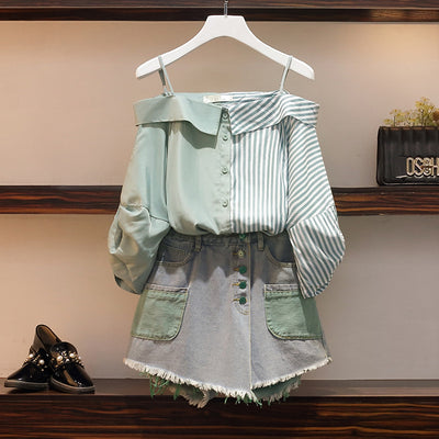 Conjunto de Short Denim Hombro Descubierto con Manga Corta