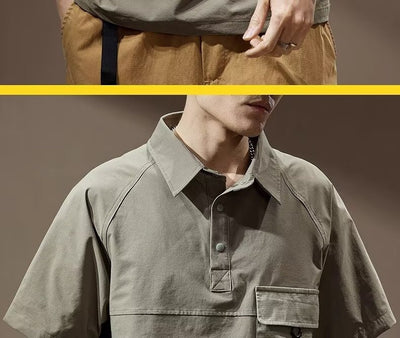 Men's khaki short-sleeve polo shirt with a lapel collar, three buttons, and a large flap chest pocket with a D-ring. - Image 19