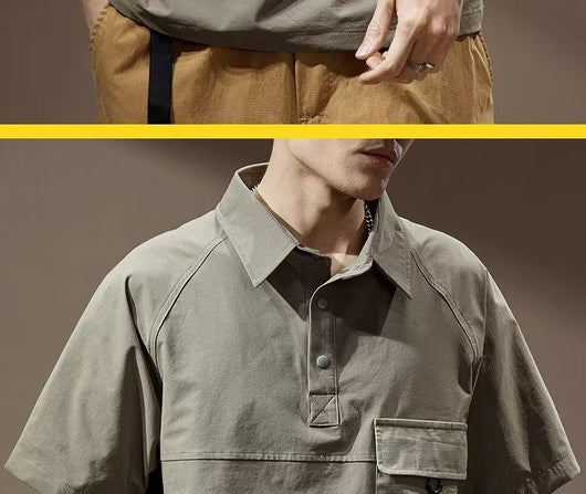 Men's khaki short-sleeve polo shirt with a lapel collar, three buttons, and a large flap chest pocket with a D-ring. - Image 19