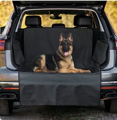 Black dog car mat covering the trunk and rear seat of a grey SUV, with a German Shepherd lying on it. - Image 16