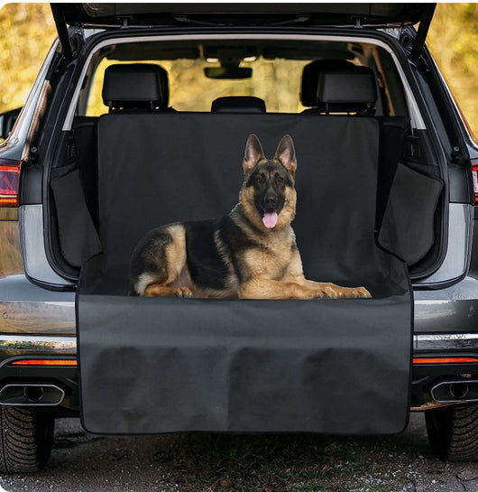 Black dog car mat covering the trunk and rear seat of a grey SUV, with a German Shepherd lying on it. - Image 16