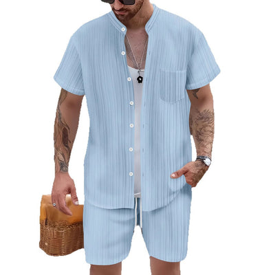 Conjunto Casual de 2 Piezas: Camisa Cuello Parado y Shorts para Hombre - Image 5