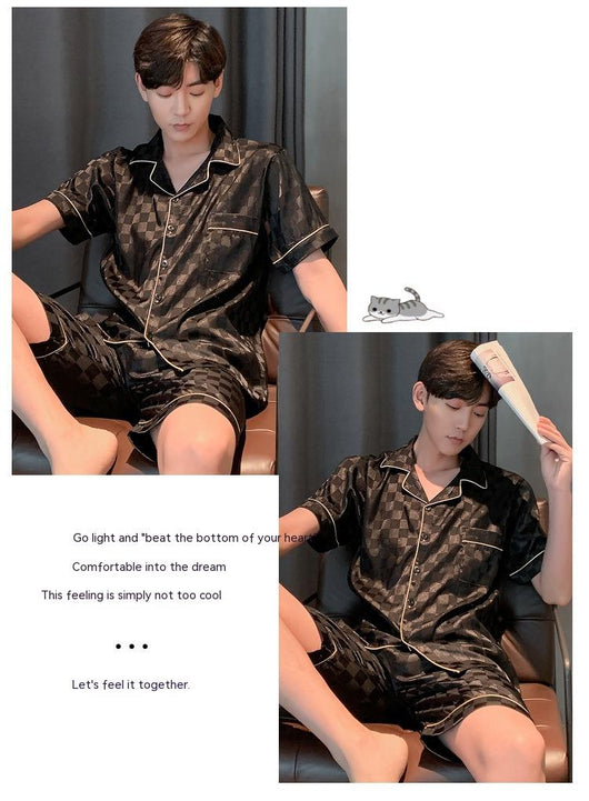 Pijama Hombre Verano Seda Hielo Talla Grande Manga Corta Jacquard Suave - Image 26