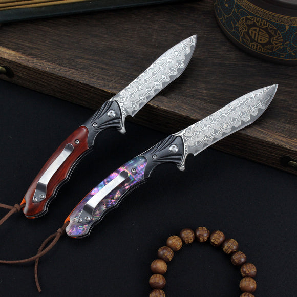 Cuchillo Plegable Outdoor Acero Damasco con Mango de Palo de Rosa