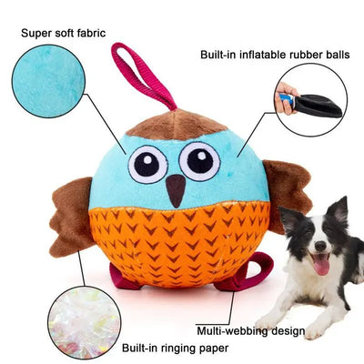 Plush owl dog chew toy in blue, brown, and orange with a chevron pattern, featuring a hanging loop. Measures 13.5cm. - Image 5