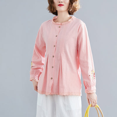 Blusa Oversized con Encaje Bordado en Cuello y Mangas Largas