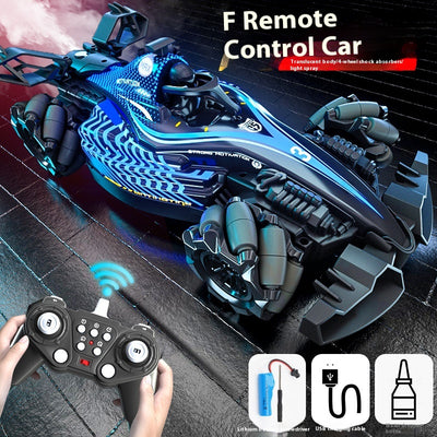 Black and purple remote control stunt car with LED lights and omnidirectional wheels, shown with its remote control and accessories. - Image 4