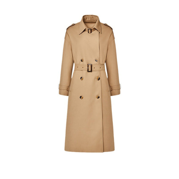 Abrigo Trench Largo para Mujer con Cuello Alzado y Doble Botonadura Ajustable