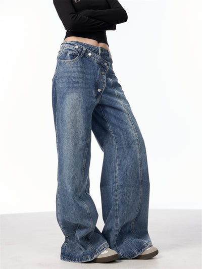 Pantalones Vaqueros Rectos Azules Cintura Alta Pierna Ancha Efecto Desgastado - Image 14
