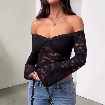 Blusa de Encaje Elegante Hombros Descubiertos Manga Larga - Image 2