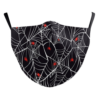 Black ear hook dust mask with white spiderweb pattern and small red spiders, perfect for Halloween. - Image 10