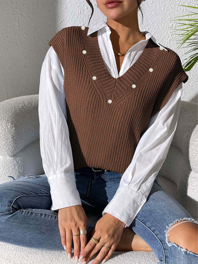 Chaleco Tejido con Perlas en Escote V - Elegancia Minimalista - Image 7