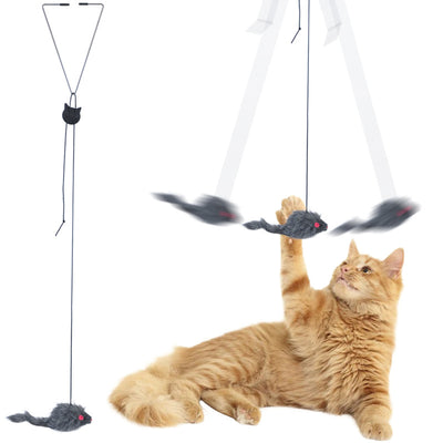 Orange cat playing with a gray plush mouse hanging from an elastic door toy with an adjustable buckle. - Image 7