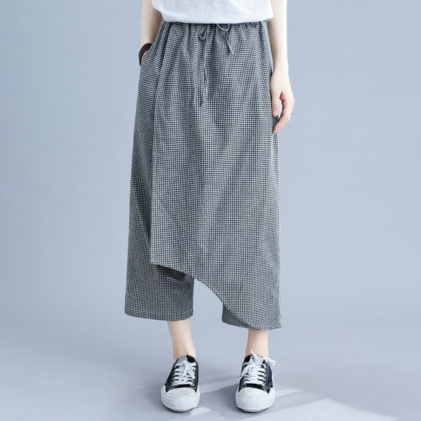 Pantalones Casuales Talla Grande en Algodón y Lino a Cuadros