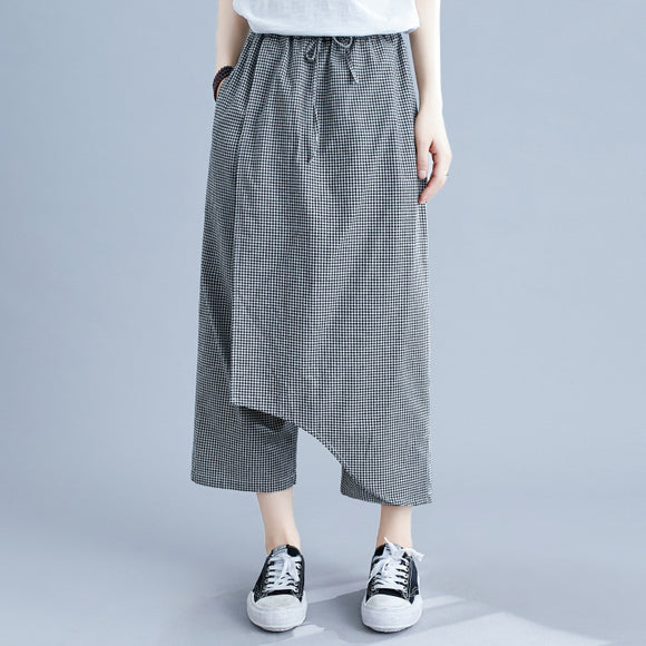 Pantalones Casuales Talla Grande en Algodón y Lino a Cuadros