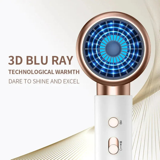 White professional hair dryer with rose gold accents, blue fan, and two control buttons, shown with a US 110V plug and a 360-degree rotating air collector nozzl - Image 3