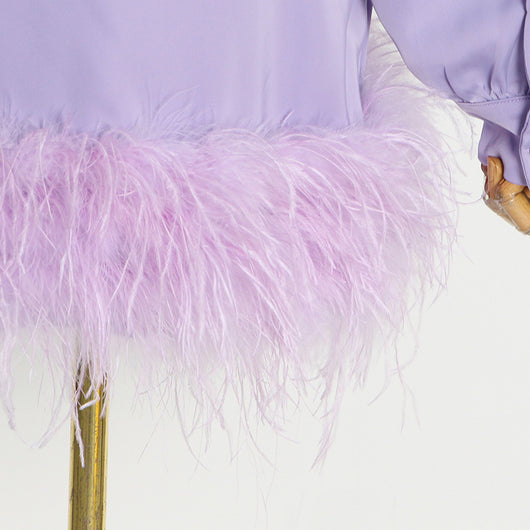 Vestido Camisero Satinado con Plumas - Manga Larga Color Sólido - Image 18