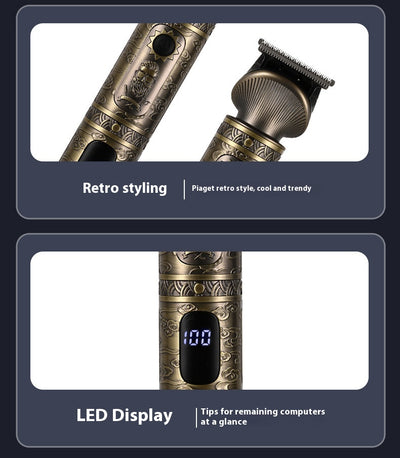 Gold retro carved electric hair clipper grooming kit with multiple trimmer heads, guide combs, cleaning brush, and USB cable. - Image 15
