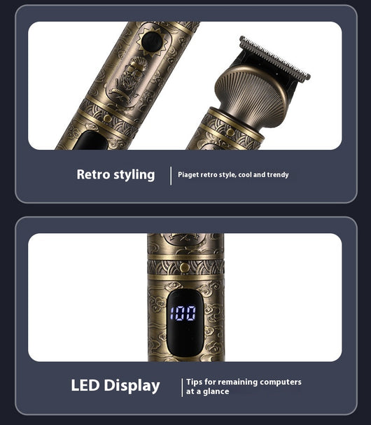Gold retro carved electric hair clipper grooming kit with multiple trimmer heads, guide combs, cleaning brush, and USB cable. - Image 15
