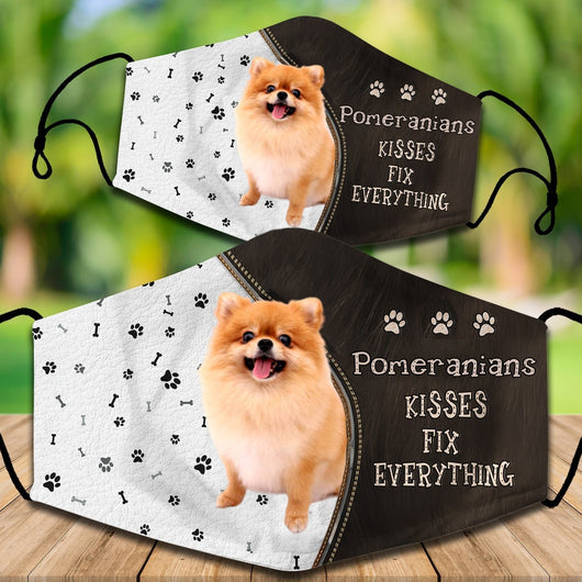 Two cotton face masks with a Bichon Frise dog, paw prints, and bones on a white and brown background. Text reads "Bichon Frise KISSES FIX EVERYTHING." - Image 50