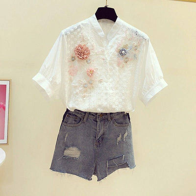Blusa de Algodón con Cuello Bordado Floral Retro para Mujer - Image 9