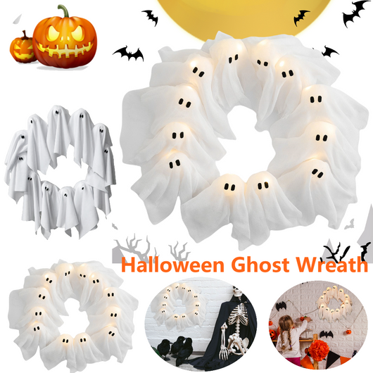 Corona Decorativa de Fantasma para Halloween con Luces LED - Decoración para Puerta y Pared