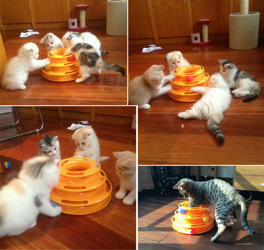 Pink four-layer cat turntable toy with colorful balls on each track, measuring 16cm high and 29cm wide. - Image 16