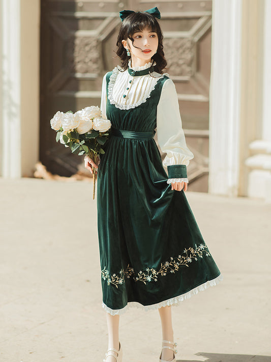 Vestido Terciopelo Diseño Francés con Efecto Dos Piezas Bordado
