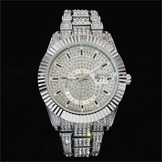 Reloj Hombre Plateado Diamantes Luminoso Resistente al Agua