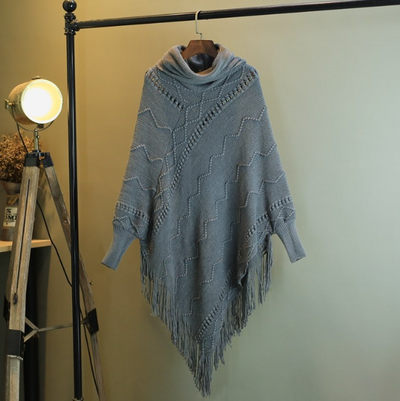 Poncho Tejido Cuello Alto con Flecos - Abrigo Cálido para Otoño e Invierno - Image 11