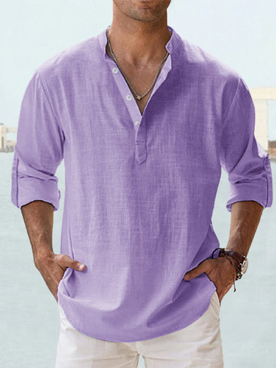 Camisa de Lino Hombre Cuello Mao Manga Larga Suelta - Image 16