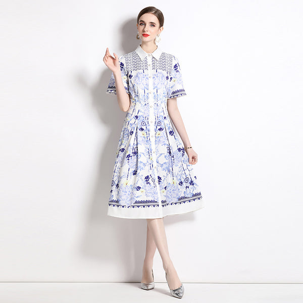 Vestido Estampado Cuello Slim Manga Corta Largo Medio