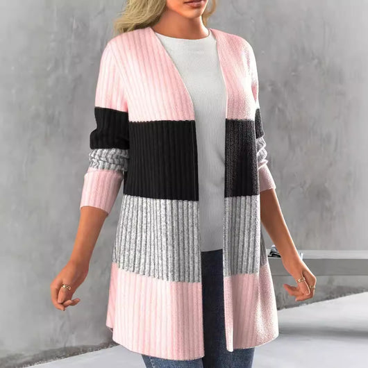 Abrigo Largo Casual para Mujer con Detalle de Raya Lateral Contrastante y Cuello Abierto - Image 4