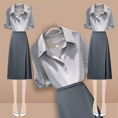 Conjunto de Blusa Satinada Manga Corta con Solapas Finas - Image 7