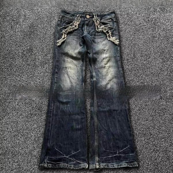 Pantalones Acampanados Denim Vintage con Bordados - Estilo Retro Lavado