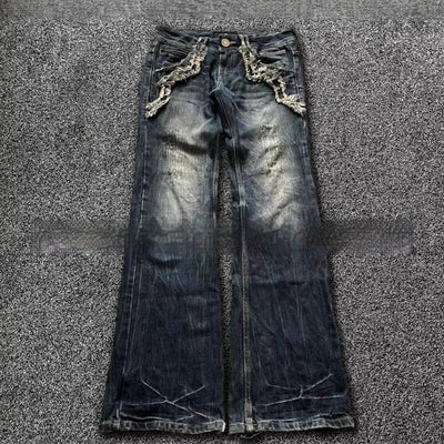 Pantalones Acampanados Denim Vintage con Bordados - Estilo Retro Lavado