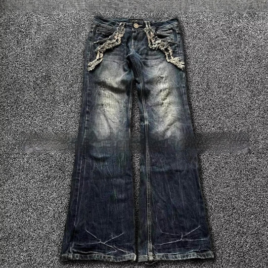 Pantalones Acampanados Denim Vintage con Bordados - Estilo Retro Lavado
