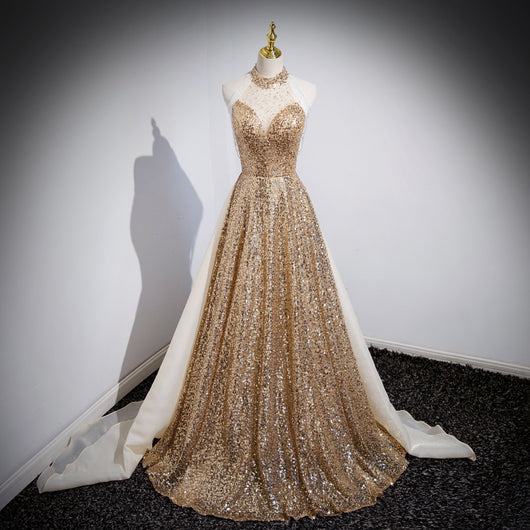 Vestido Dorado de Noche para Anfitriona y Presentadora