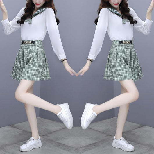 Conjunto Preppy Primavera: Blusa con Moño y Falda Cuadrillé - Image 10