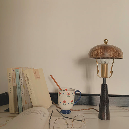 Lámpara de Mesita de Noche en Madera Maciza y Cáscara de Coco Estilo Vintage