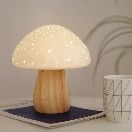 Lámpara Nocturna de Madera Maciza Diseño Seta - Decoración Minimalista para Mesita