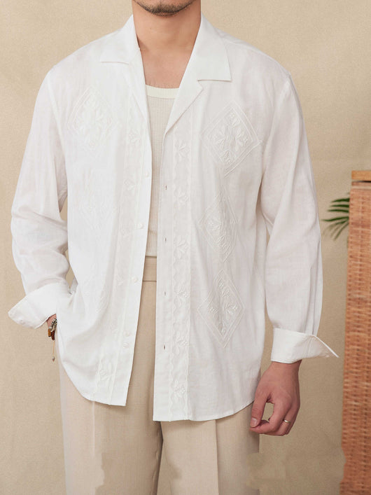 Camisa de Lino y Algodón con Cuello Cubano Bordado - Protección Solar de Manga Larga - Image 15